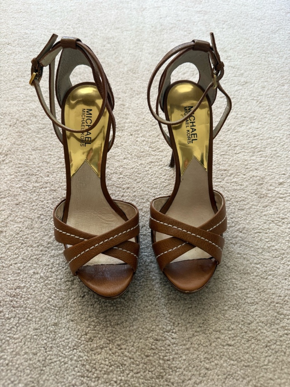 Michael Kors Brown Leather Crisscross Ankle Strap Heels